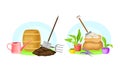 Gardening tools set. Shovel, seedlings, fertilizing, watering can, spade agricultural equipment vector illustration