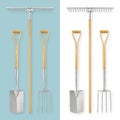 Gardening tools set. Stainless steel spade, digging fork and rake with wooden handle, vegetable garden work. Planting Equipment, Royalty Free Stock Photo