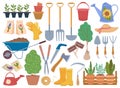 Gardening tools, spring garden equipment and plants sapling. Watering can, gloves, wheelbarrow with soil. Horticulture Royalty Free Stock Photo