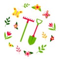 Gardening tools. Spring set: butterflies, flowers, plants. Lettering Hello Spring. Flat design