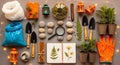 Gardening Tools and Supplies Flat Lay Overhead View Royalty Free Stock Photo
