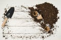 Gardening tools top view on white wooden planks background Royalty Free Stock Photo