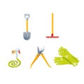 Gardening tools and utensils in a lush green meadow, top view, garden manteinance, landscaping and hobby concept