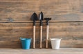 Gardening tools on vintage wooden table. Royalty Free Stock Photo