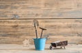 Gardening tools on vintage wooden table. Royalty Free Stock Photo