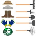 Set of various gardening and farm tools including gloves, watering hose, rake and shovels. Vector illustrations. Royalty Free Stock Photo