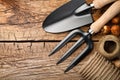 Gardening Tools on Wooden Background Royalty Free Stock Photo