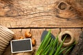 Gardening Tools on Wooden Background Royalty Free Stock Photo