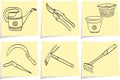 Gardening tools on yellow memo sticks Royalty Free Stock Photo