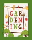 Gardening typographic poster, vector illustration. Book cover for gardeners, tools icons in flat style, work in garden