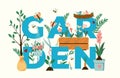 Gardening typography vector illustration. Garden title with plants, flowers, birds and garden tools seasonal flat style