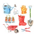 Gardening watercolor pictograms collection set Royalty Free Stock Photo