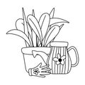 Gardening, watering can potted plant and glove with flower line icon style