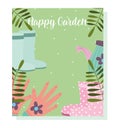 Gardening, watering can rubber boots foliage leaves card