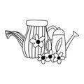 Gardening, watering cans and flowers garden isolated line icon style