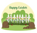 Gardening white fence flowers grass stones and ladybirds