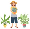 Gardening Woman Carrying Houseplants in Pots Set Royalty Free Stock Photo