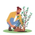 Gardening Works, Forest Restoration, Reforestation and Planting Trees Concept. Volunteer Character Planting Tree Royalty Free Stock Photo