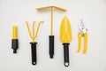 Gardening yellow set. Garden tools isolated on transparent background, view from above, PNG Royalty Free Stock Photo