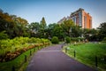 Gardens along a walkway at the Public Garden, in Boston, Massachusetts.