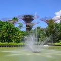 Gardens by the Bay, Singapore, Asia.View of fountain and Supertrees.