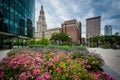 Gardens and buildings in downtown Hartford, Connecticut.