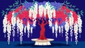The gardens centerpiece is a towering tree covered in cascading white wisteria intertwined with vibrant crimson and navy