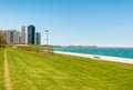 Gardens of Chicago Grant Park with lake Michigan and skyscrapers on background, USA Royalty Free Stock Photo