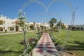 Gardens in grounds of a tropical hotel resort with romantic pagoda