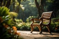 In the gardens hush, a wooden chair beckons with a blurred allure