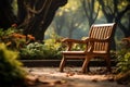 In the gardens hush, a wooden chair beckons with a blurred allure