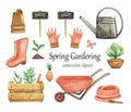 Gardening clipart watercolor, Garden tools set, Spring Garden elements, Watercolor garden clip art, wheelbarrow, watering can Royalty Free Stock Photo