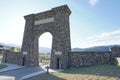 Gardiner, Montana, USA - May 17, 2023: Historic Roosevelt Arch for Yellowstone National Park