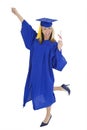 Beautiful Caucasian woman wearing a blue graduation gown holding diploma