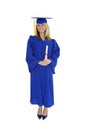 Beautiful Caucasian woman wearing a blue graduation gown holding diploma