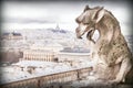 Gargoyle (chimera), stone demons, with Paris city on background. Royalty Free Stock Photo