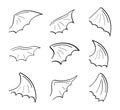 Gargoyle, demon, devil doodle wing set vector. Hand drawn pencil style wing. Bat, vampire silhouette Royalty Free Stock Photo