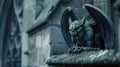 Gargoyle on Gothic cathedral, old monster statue close-up. Vintage stone demon sculpture on church wall background. Concept of