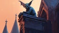 Gargoyle perched on a cathedral spire. Fantasy concept , Illustration painting