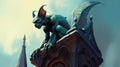 Gargoyle perched on a cathedral spire. Fantasy concept , Illustration painting