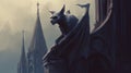 Gargoyle perched on a cathedral spire. Fantasy concept , Illustration painting