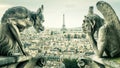 Gargoyles or chimeras on the Notre Dame de Paris overlooking the Paris city, France Royalty Free Stock Photo