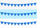 Garland of Blue Flags. Festive party decorative design. Realistic 3d design template in plastic cartoon style. Isolated on