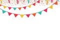 Garland of colored flags and confetti horizontal banner. Carnival garlands entertainment events. Festive vector