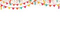 Garland of colored flags and confetti horizontal banner. Carnival garlands entertainment events. Festive vector