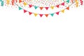 Garland of colored flags and confetti horizontal banner. Carnival garlands entertainment events. Festive vector