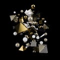 Garland of gold, white, and black glossy balls and prisms on a black matte background. Studio light. 3d illustration. 3d Royalty Free Stock Photo
