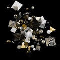 Garland of gold, white, and black glossy balls and prisms on a black matte background. Studio light. 3d illustration. 3d Royalty Free Stock Photo