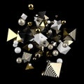 Garland of gold, white, and black glossy balls and prisms on a black matte background. Studio light. 3d illustration. 3d