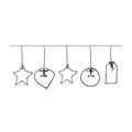 Garland with heart, star, label, circle on a thread sketch hand drawn. wall decor for design card, frames, vector, monochrome,